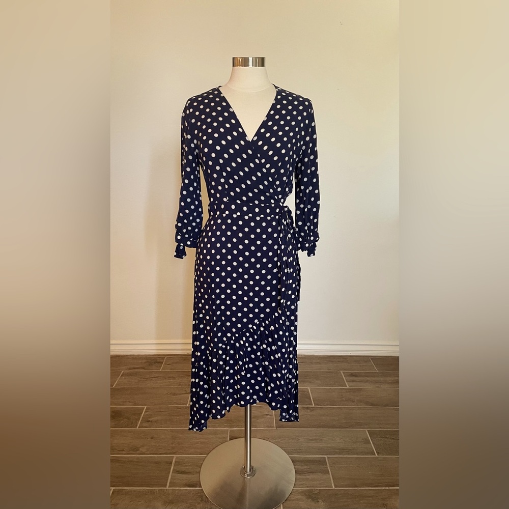 Eva Mendes Polka-Dot Wrap Navy Dress